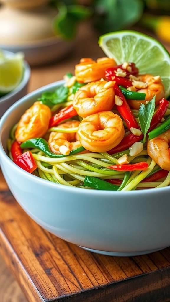 Shrimp pad thai with zucchini noodles, shrimp, bell peppers, and bean sprouts, garnished with peanuts and lime.